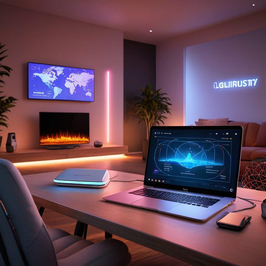 A conceptual illustration of a home network setup with multiple devices connected via a sleek router displaying the OpenWRT logo. Visual elements like a glowing connection line and graphical performance metrics overlay to symbolize optimization and speed. Include a relaxed family scene in the background, enjoying seamless internet. Subtle neon accents to highlight technology. digital art. vibrant colors.