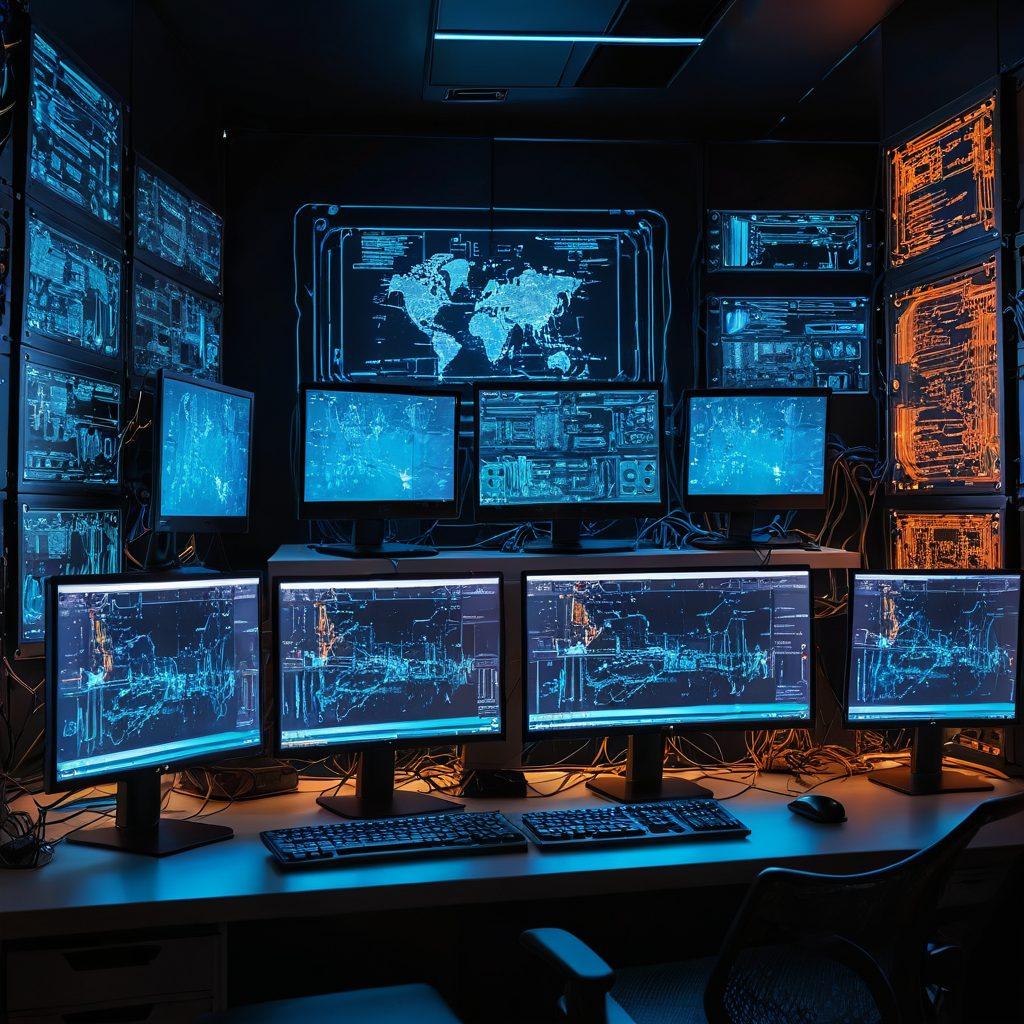 A detailed, futuristic computer setup showcasing open source firmware customization in action, with vibrant screens displaying code and network configurations. Include elements like circuit boards and network cables creating a sense of connection and technology. The background should feature a subtle gradient, symbolizing innovation and creativity. super-realistic. vibrant colors. digital art.